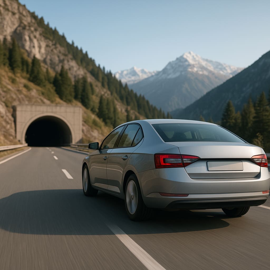 Pkw auf alpiner Autobahn mit Tunneleinfahrt