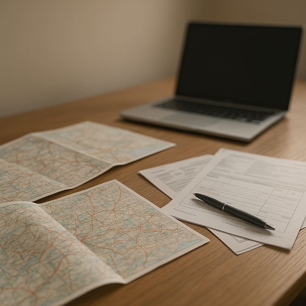 Schreibtisch mit Straßenkarten, Laptop und Unterlagen zur Routenplanung